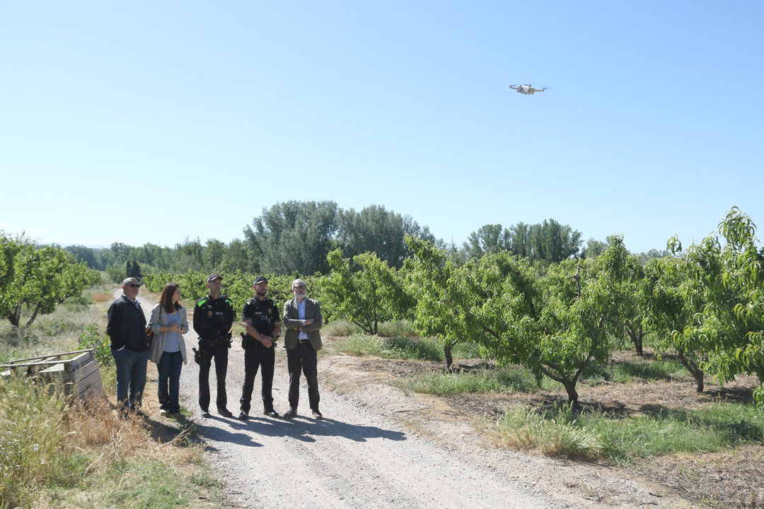 Agents de la Guàrdia Urbana de Lleida sobrevolen un dron a l'Horta de Lleida. Foto: Ignasi Gómez